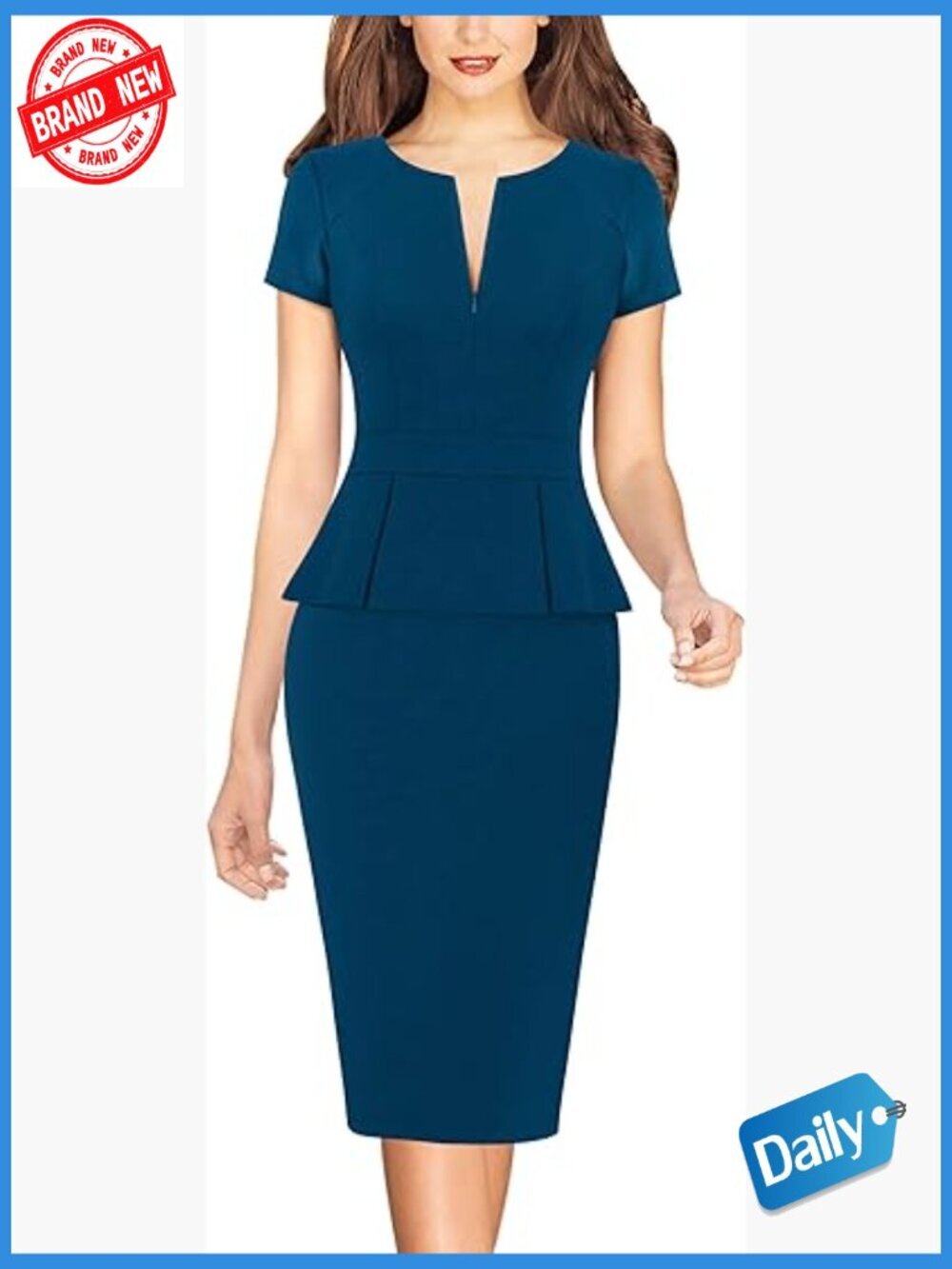 Elegant Work Dress with Front Zipper Peplum Waist